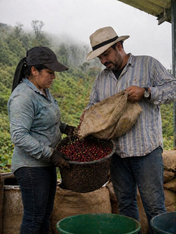 Un hombre entrega equipo de cosecha a una mujer